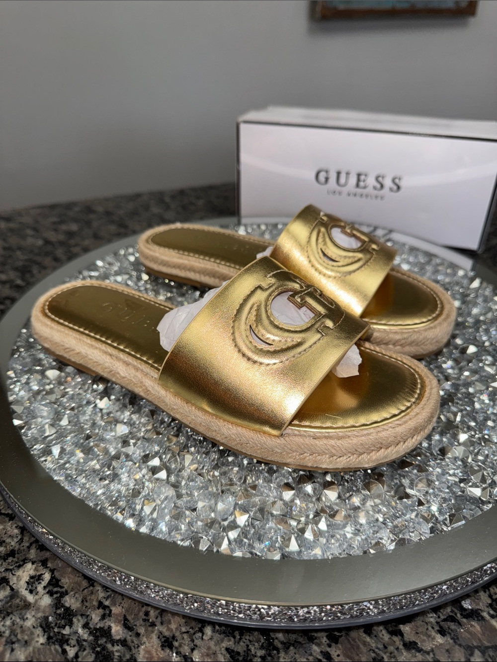 GUESS Gold Metallic Slide Sandals with Espadrille Trim NEW 7.5